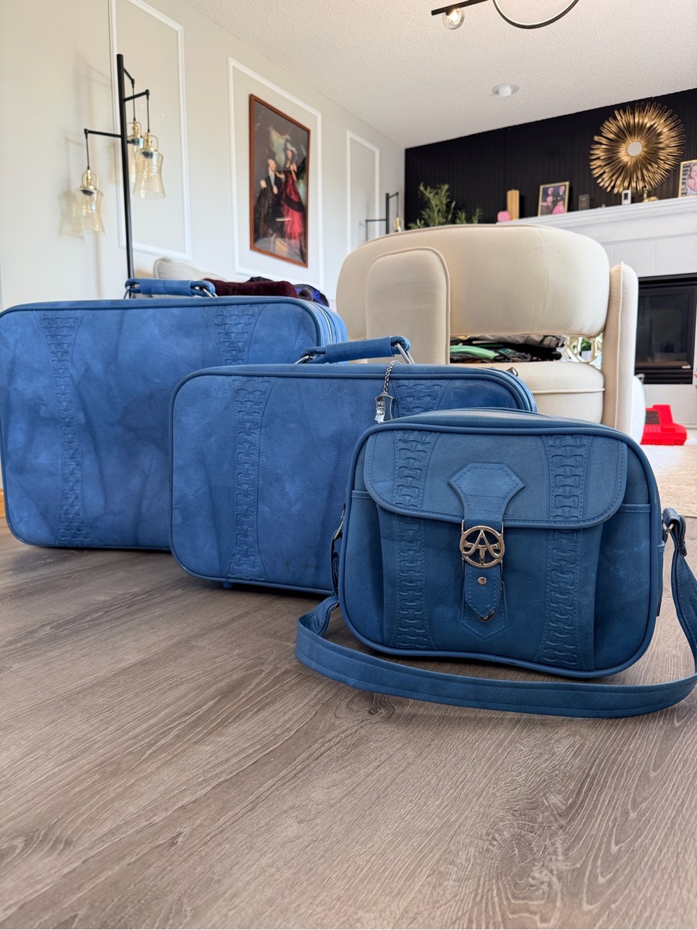 Vintage American Tourister Blue Travel Bag Trio - Crossbody + Carry Cases
